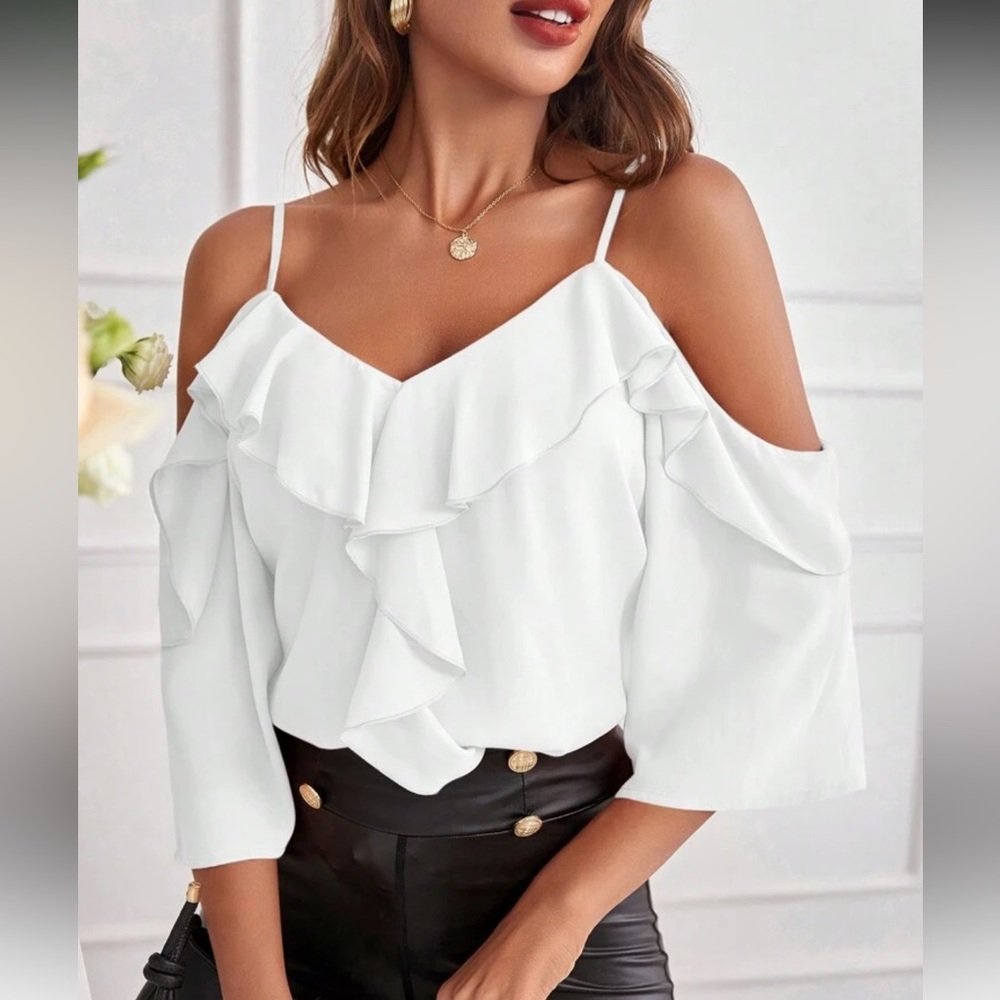 Elegant Red Ruffle Cold Shoulder Top - Picture 2 of 16